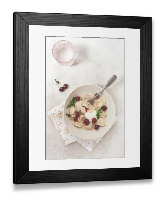 Framed Print : Traditional dumplings with cherries and yogurt