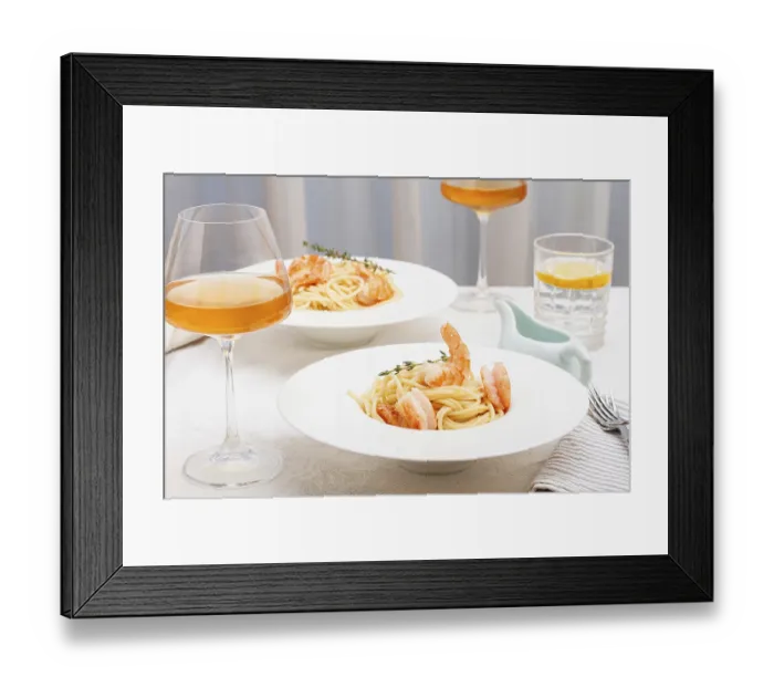 Framed Print : Pasta with shrimp and thyme, served on a white plate
