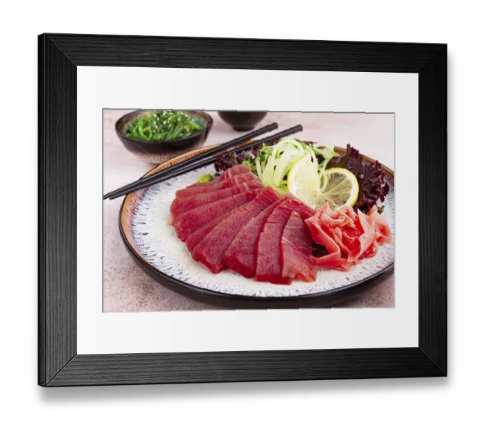 Framed Print : Freshly prepared sashimi with vibrant garnishes served on a decorative plate Framed Print : Freshly prepared sashimi with vibrant garnishes served on a decorative plate
