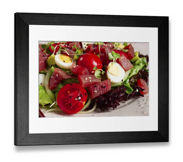 Framed Print : Salad with fresh tuna, cherry tomatoes and quail eggs and avacado
