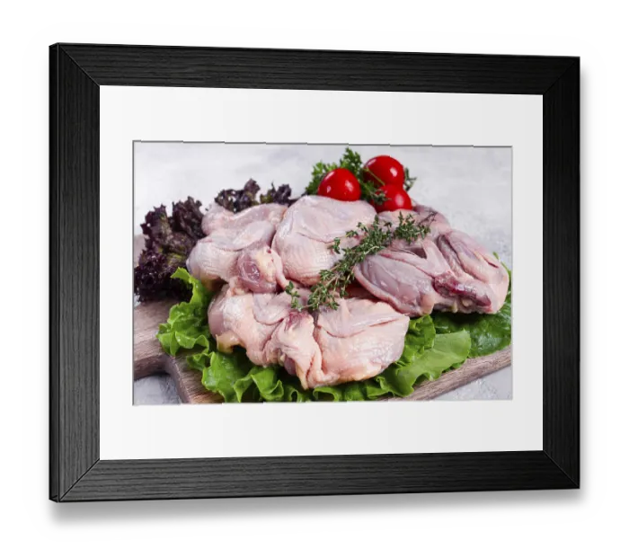 Framed Print : Raw quail meat, three quail carcasses