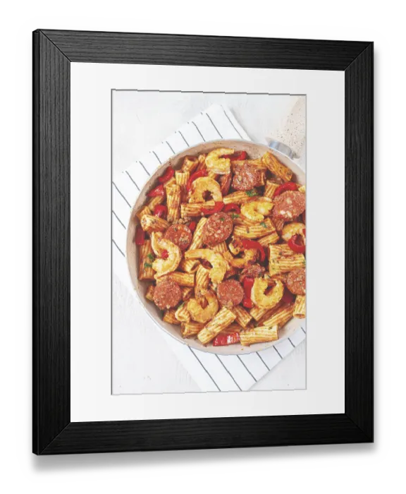 Framed Print : Jambalaya pasta with shrimp and sausages