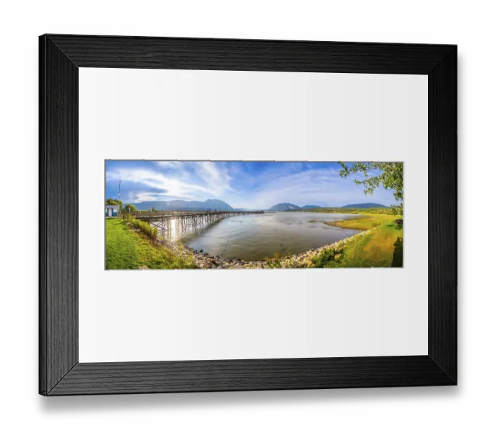 Framed Print : Panoramic view of a long wooden pier stretching into the tranquil waters of shuswap lake