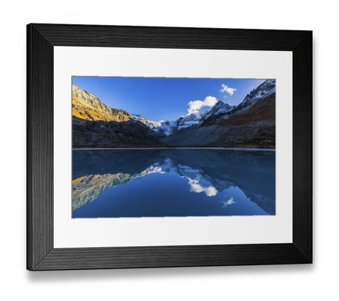 Framed Print : The Moiry glacier and mountain peaks are reflected in Lac de Chateaupre