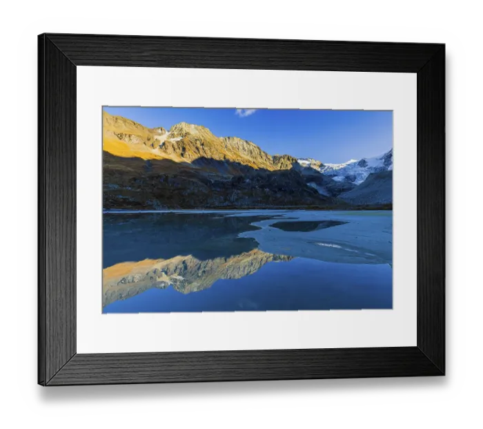 Framed Print : The Moiry glacier and mountain peaks are reflected in Lac de Chateaupre