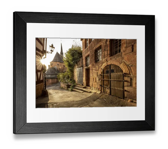 Framed Print : Romantic alleyway scene in the old town with sunlight Framed Print : Romantic alleyway scene in the old town with sunlight