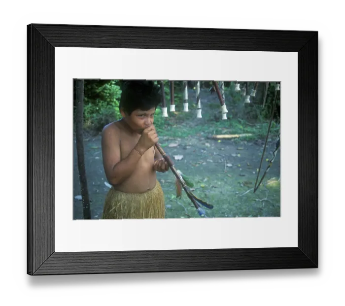 Framed Print : Boy from a Yagua tribe near Iquitos showing blowpipe made for tourists