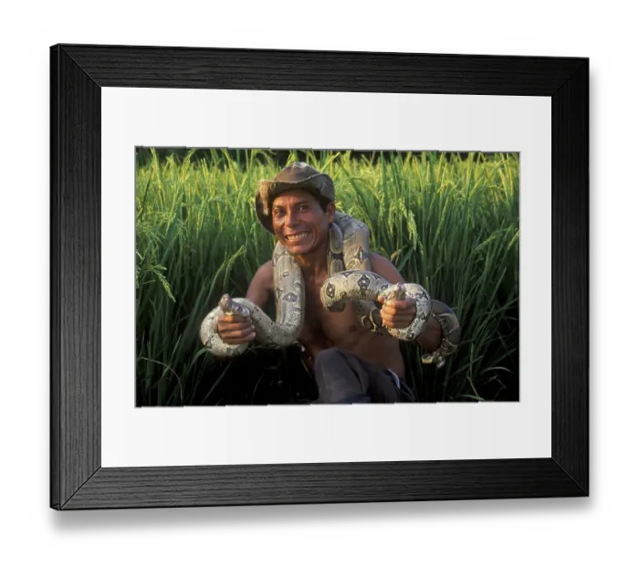 Framed Print : A man who runs a small private zoo near Iquitos on the Amazon shows two snakes