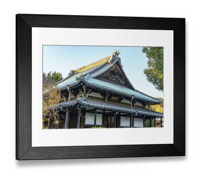 Framed Print : Japanese temple building with elaborate traditional architecture in peaceful surroundings