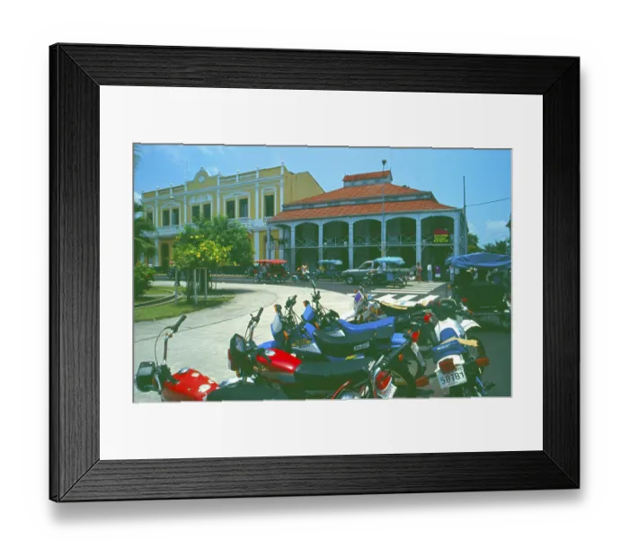 Framed Print : Motorbikes, iron house built by Gustav Eiffel in the center of Iquitos on the Amazon