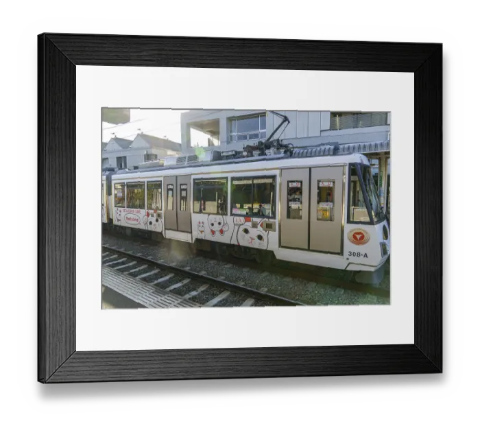 Framed Print : Side view of a tram with cat motifs Framed Print : Side view of a tram with cat motifs