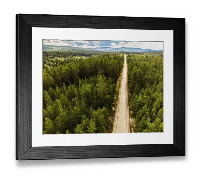 Framed Print : Aerial view of a long road through thick Framed Print : Aerial view of a long road through thick