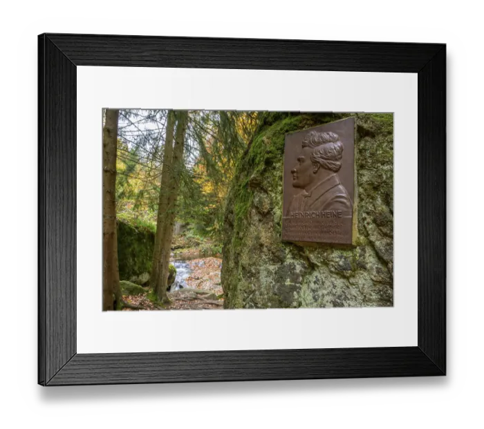 Framed Print : A memorial plaque of Heinrich Heine on a rock in an autumn forest