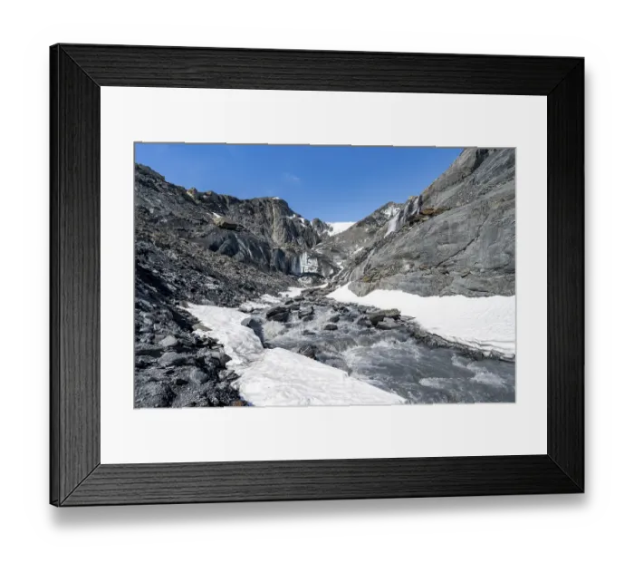 Framed Print : Glacier ice and glacier stream with waterfall