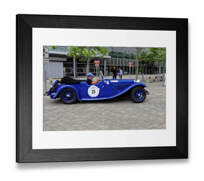 Framed Print : SS1, classic blue convertible at a stylish rally event with a driver Framed Print : SS1, classic blue convertible at a stylish rally event with a driver
