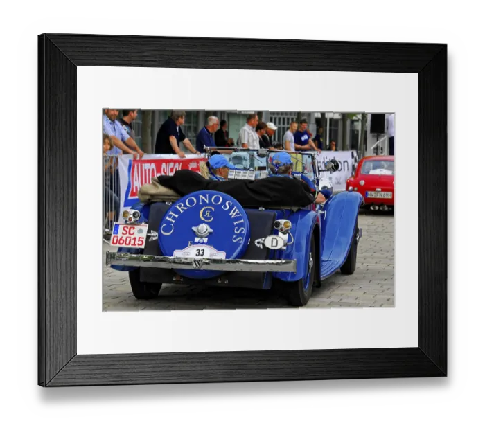 Framed Print : SS1, rear view of a classic Chronoswiss blue car during a rally