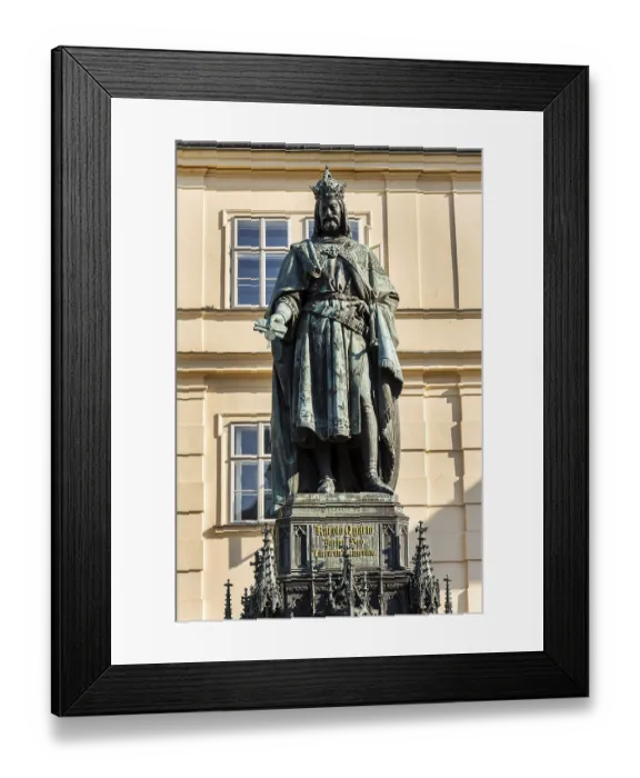 Framed Print : Monumental neo-Gothic statue of Emperor Charles IV from 1844 holding a sword and university charters