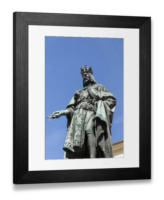 Framed Print : Monumental neo-Gothic statue of Emperor Charles IV from 1844 holding a sword and university charters Framed Print : Monumental neo-Gothic statue of Emperor Charles IV from 1844 holding a sword and university charters