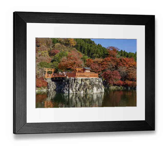Framed Print : Traditional Japanese garden landscape with red autumn trees and bridge at the pond