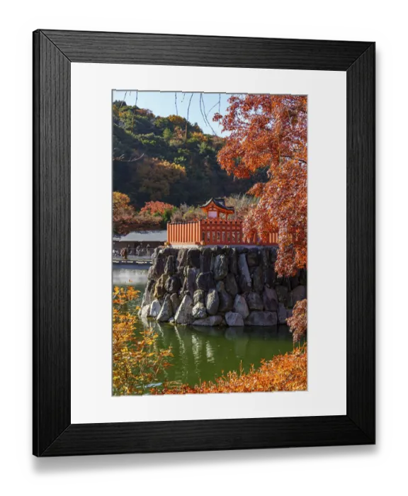 Framed Print : Japanese temple in autumn with bright red leaves and reflection in calm water Framed Print : Japanese temple in autumn with bright red leaves and reflection in calm water