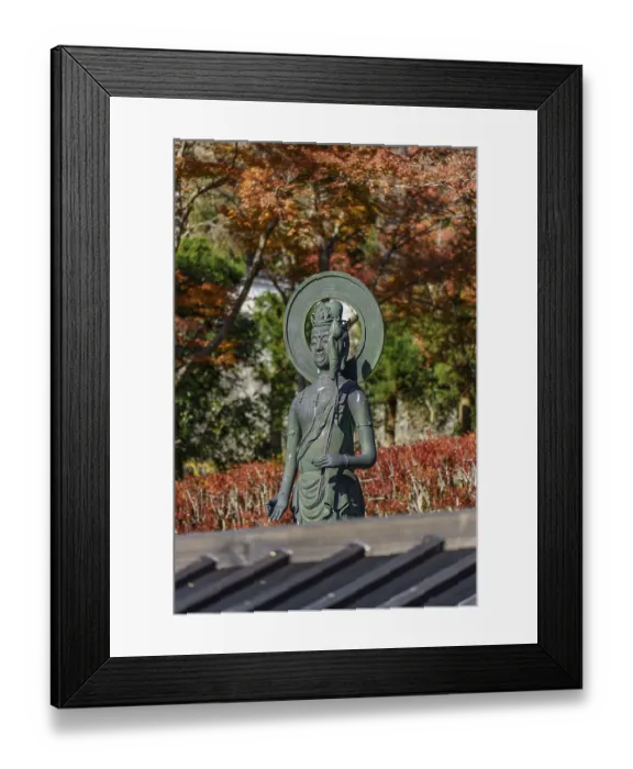 Framed Print : Buddhist statue in front of autumn trees Framed Print : Buddhist statue in front of autumn trees