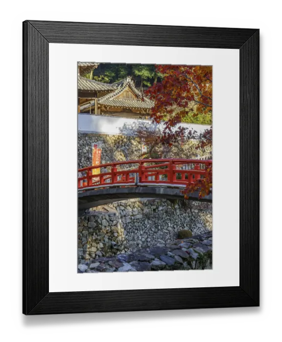 Framed Print : Red bridge between orange autumn leaves in a traditional Japanese garden