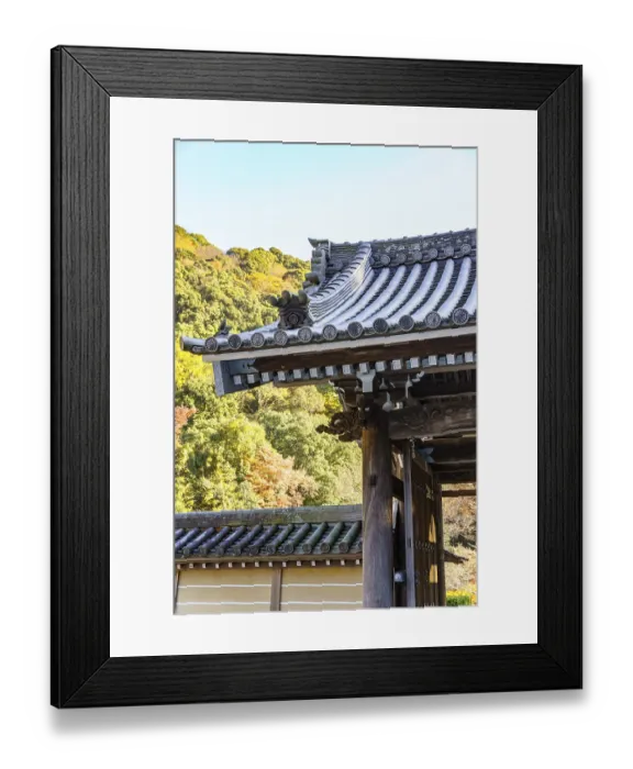 Framed Print : Detailed Japanese temple roof against a background of colorful autumn leaves