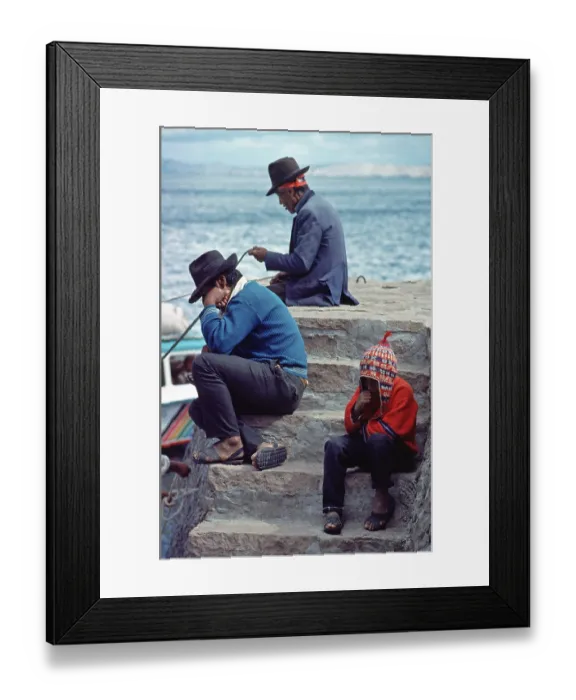 Framed Print : Men, boy, grandfather, father and son on Isla Taquile in Lake Titicaca