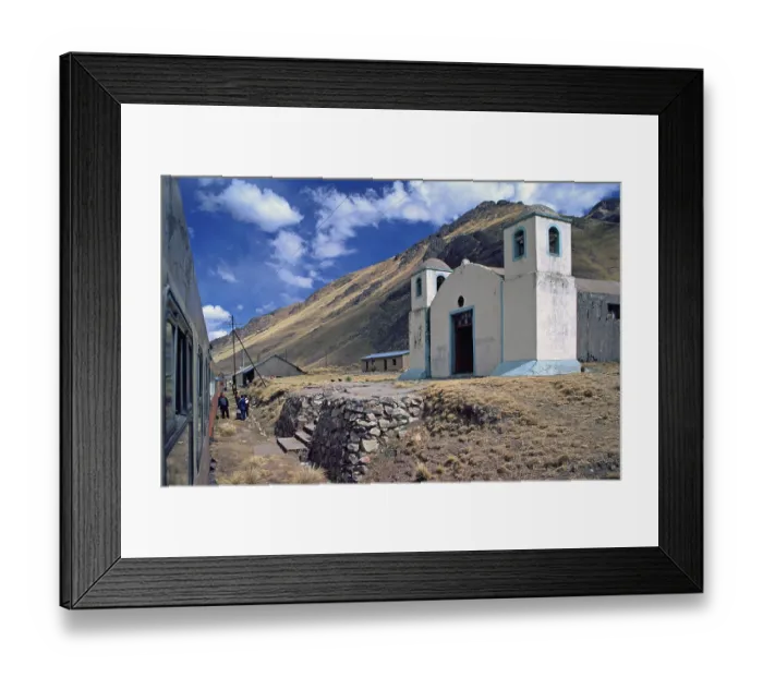 Framed Print : Church next to the railroad, Andean highlands between Cusco and Puno