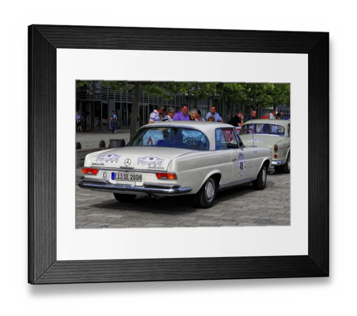 Framed Print : Mercedes Benz 280 SL, white vintage Mercedes car on a paved road with spectators in the background Framed Print : Mercedes Benz 280 SL, white vintage Mercedes car on a paved road with spectators in the background