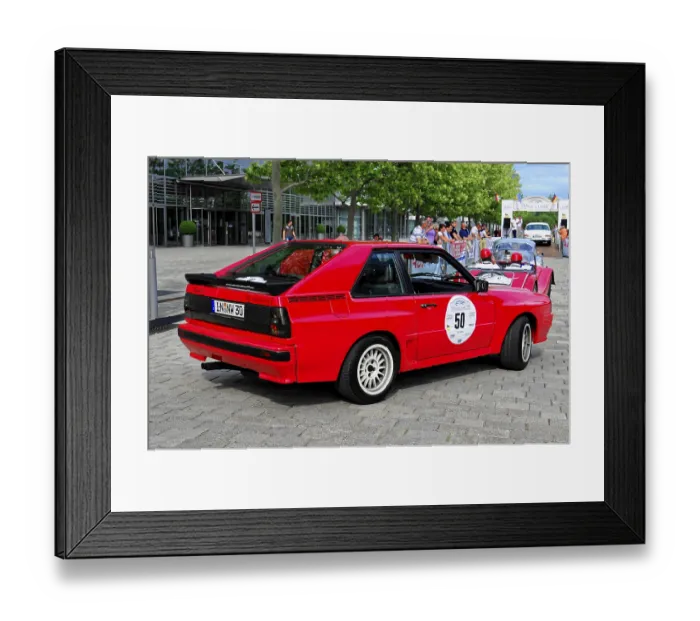 Framed Print : AUDI Sport Quattro, red Audi classic car on a paved road during a rally