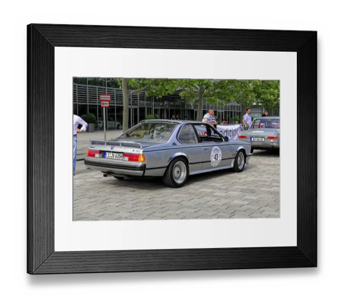 Framed Print : BMW 635 CSI, rear view of a silver BMW classic car at a rally