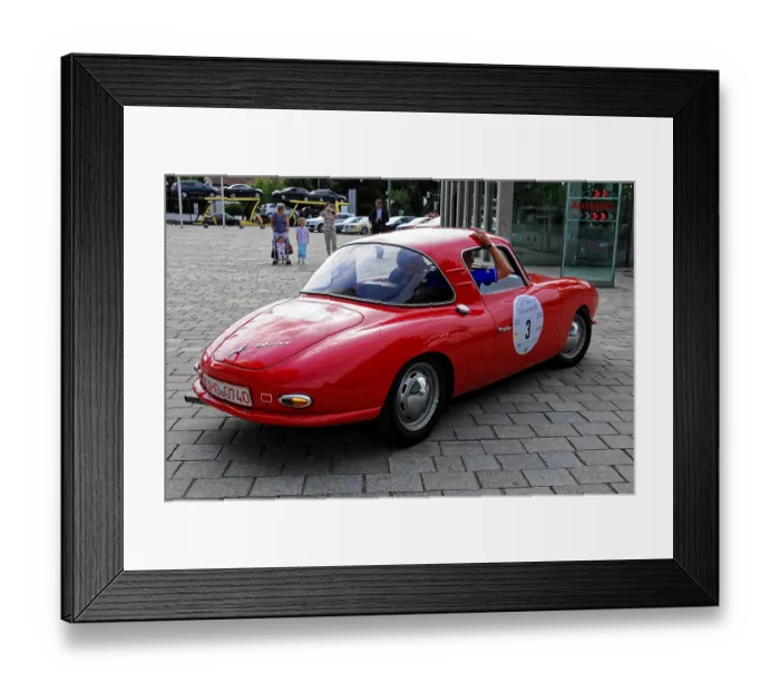 Framed Print : DKW Monza, red classic car in an urban environment during an event Framed Print : DKW Monza, red classic car in an urban environment during an event