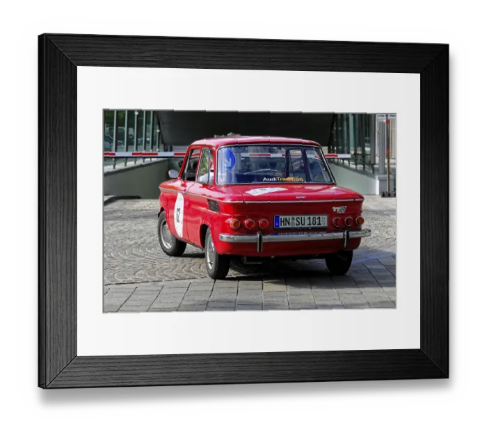 Framed Print : NSU TTS, red classic car on cobblestone road during a car race