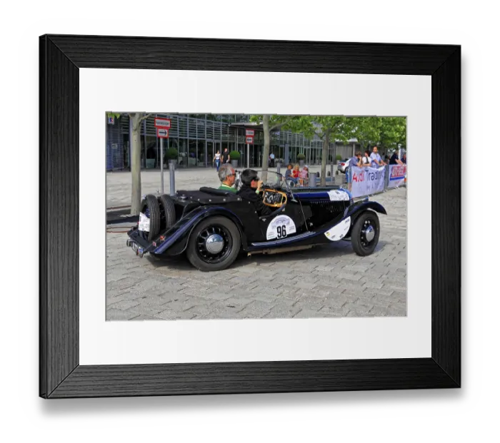 Framed Print : Morgan 4-4-2 Seater, rear view of a black classic car with two drivers at a car race Framed Print : Morgan 4-4-2 Seater, rear view of a black classic car with two drivers at a car race
