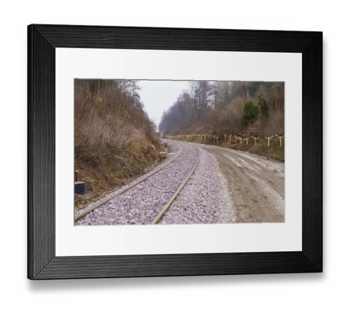 Framed Print : Curvy train tracks run through a quiet Framed Print : Curvy train tracks run through a quiet