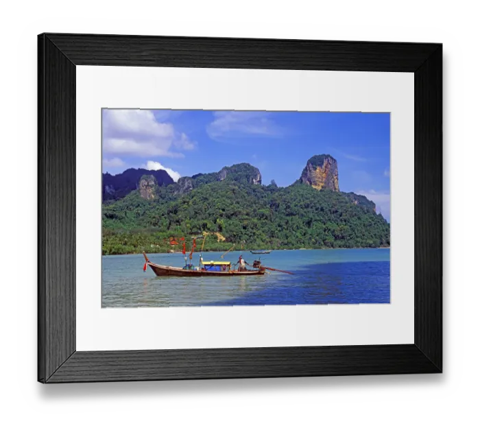 Framed Print : Mountains, sea, longtail boat, two years in front of the tsunami