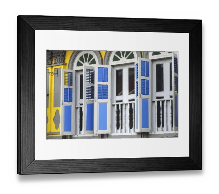 Framed Print : Traditional windows with colorful shutters and colonial architecture Framed Print : Traditional windows with colorful shutters and colonial architecture