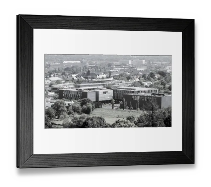 Framed Print : Modern buildings in an urban environment with trees and an expansive horizon