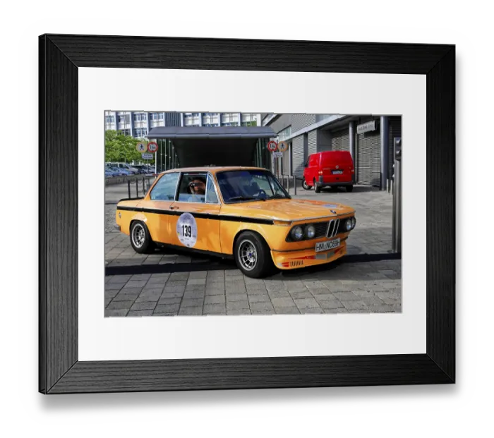 Framed Print : BMW, orange classic car at a rally in the city