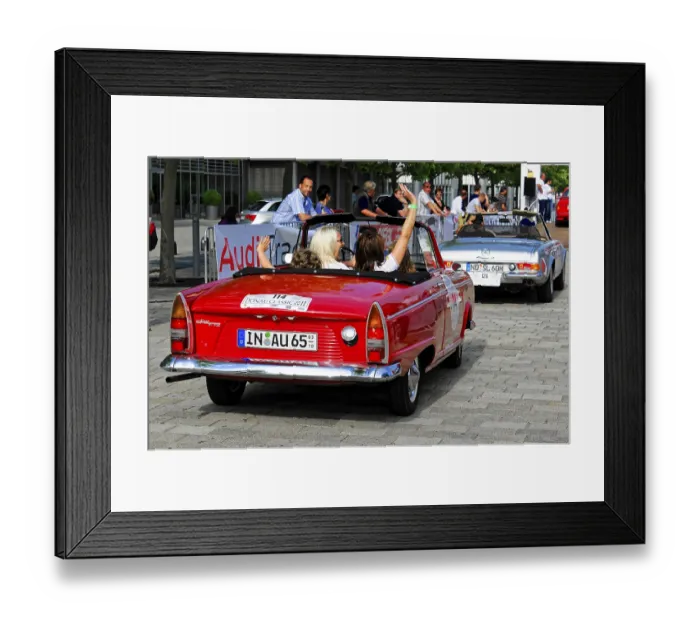 Framed Print : Auto Union F 12 Roadster, red convertible with occupants waving and spectators at a classic car event