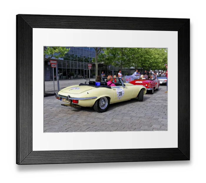 Framed Print : Jaguar E-Types III, cream-coloured convertible in a series of classic cars at an outdoor event