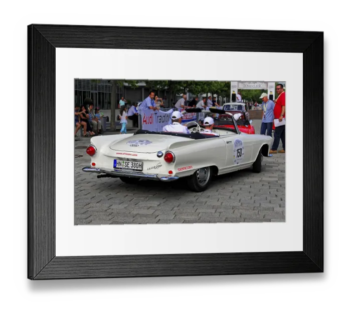 Framed Print : Auto Union 1000 SP, white vintage roadster with people in the background during an event Framed Print : Auto Union 1000 SP, white vintage roadster with people in the background during an event