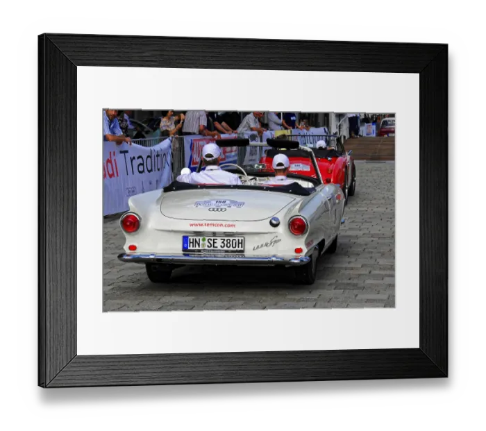 Framed Print : Auto Union 1000 SP, vintage white convertible car seen from behind during an event with spectators Framed Print : Auto Union 1000 SP, vintage white convertible car seen from behind during an event with spectators