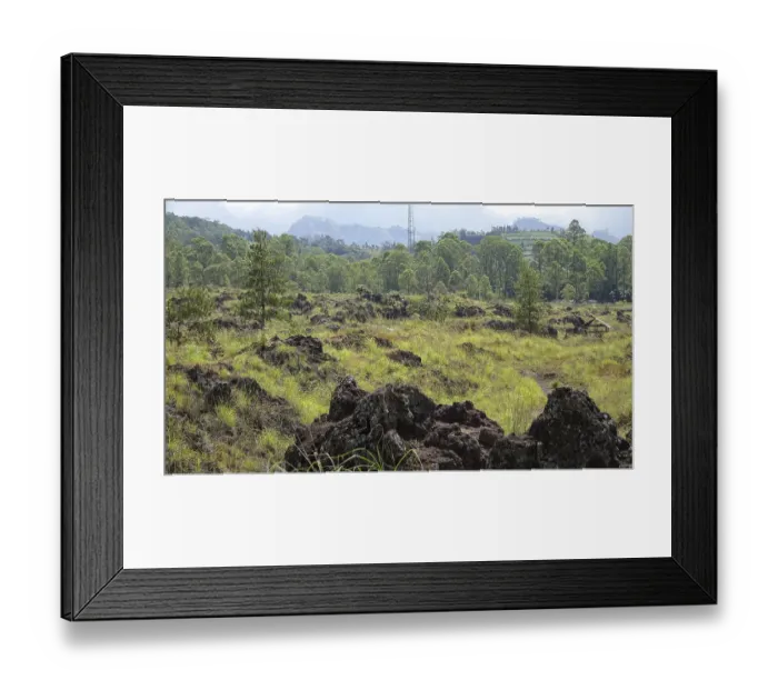 Framed Print : Green landscape with black lava rocks with trees and rocks under cloudy sky Framed Print : Green landscape with black lava rocks with trees and rocks under cloudy sky