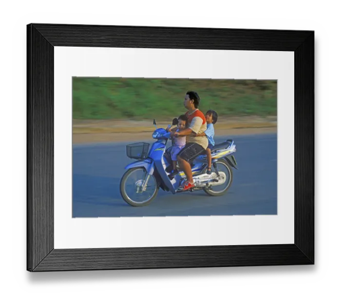 Framed Print : Father with his two children on a moped