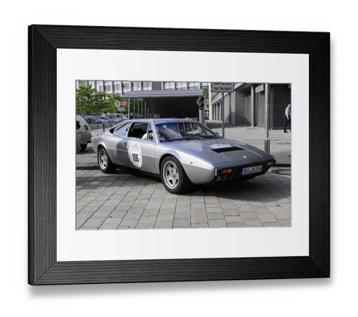 Framed Print : Silver Ferrari classic car with number 106 on cobblestones Framed Print : Silver Ferrari classic car with number 106 on cobblestones