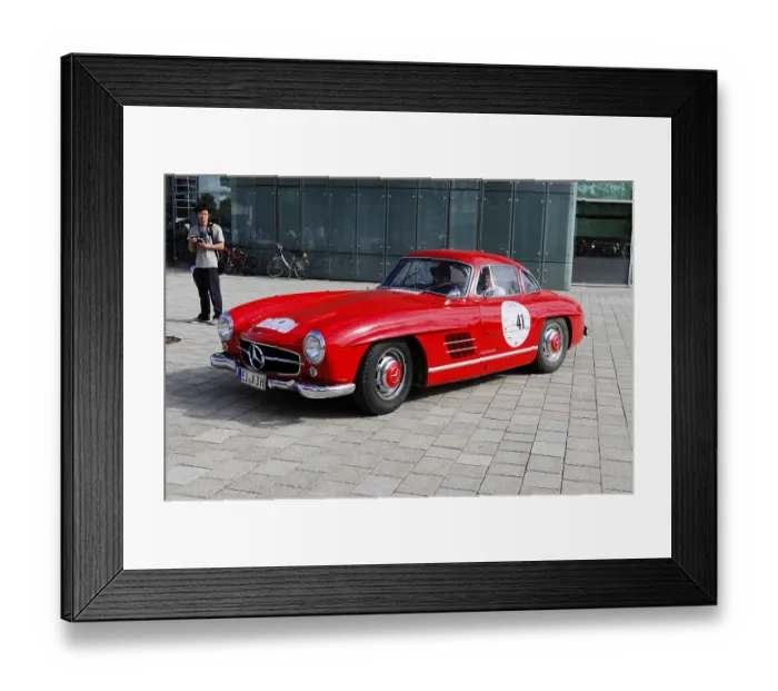 Framed Print : Red vintage Mercedes car with double doors