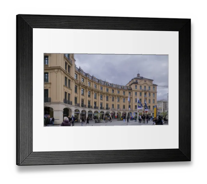 Framed Print : Impressive historic building in an urban environment with people and flags Framed Print : Impressive historic building in an urban environment with people and flags