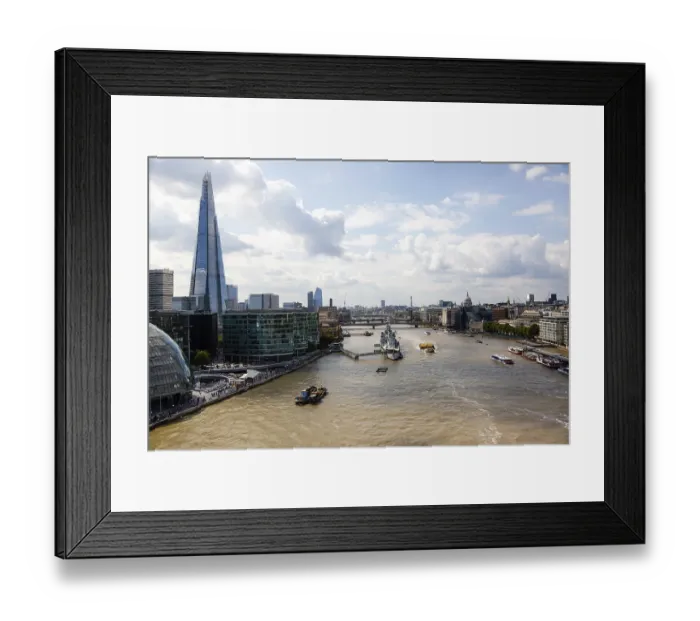 Framed Print : London cityscape featuring The Shard and Thames River with boats under a cloudy sky in London